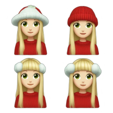 Girl with long blonde hair with bangs, blue eyes, white skin, wearing a frog hat, red sweater, green shirt, a fish necklace and an among us brooch sticker