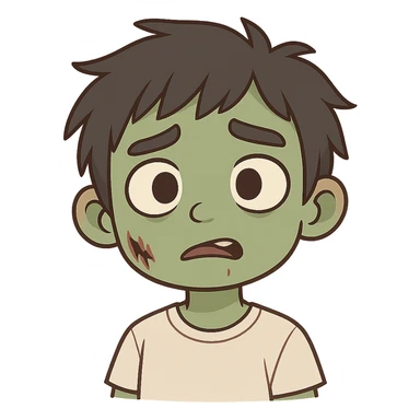 Create a chibi sticker style version of the character with green skin, messy black hair, and a slightly confused expression. Keep the background transparent. sticker