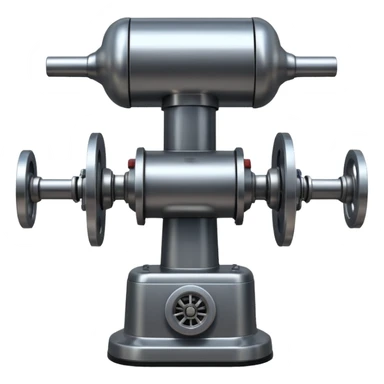 sausage-processing droid. retro-futuristic style. top is a circular industrial meat grinder with rotating gears and blades. Two robotic arms feed material into grinder. Sausage links extrude from the rear like  factory. The body is metallic, compact, and floats above the ground.no legs. Dark humor sticker