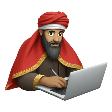 A caliph with turban and red clothes writing in a laptop sticker