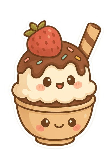 chibi sticker-style ice cream sundae, cute and exaggerated sticker