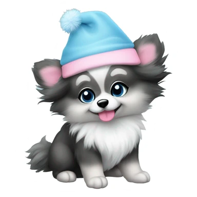 Gray and black Merle pomeranian puppy full body light blue eyes pink christmas hat on sticker