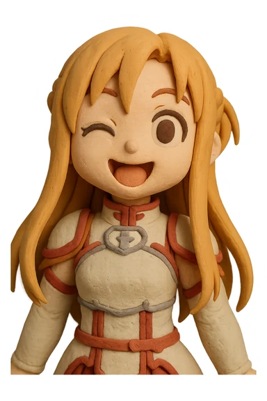 Sticker of Asuna from Sword Art Online in claymation style with a fun expression, inspired by the reference image. sticker