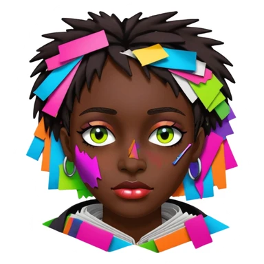 Colourful dark neon graffiti scribble scrapbook patchwork Person face portrait made entirely of multicoloured torn up magazines sticker