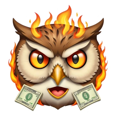 create an emoji of an owl face with flames around and dollar notes in his eyes sticker