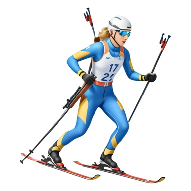 An icon featuring a biathlete in motion, holding a rifle and skiing across a snowy course. The backdrop includes snow-covered trees, distant mountains, and a clear blue sky. Transparent background highlights the precision, endurance, and excitement of biathlon. sticker