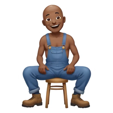 Side view Laughing telling story Old bald black man sitting on stool wearing overalls no shirt. eyes squinting sticker