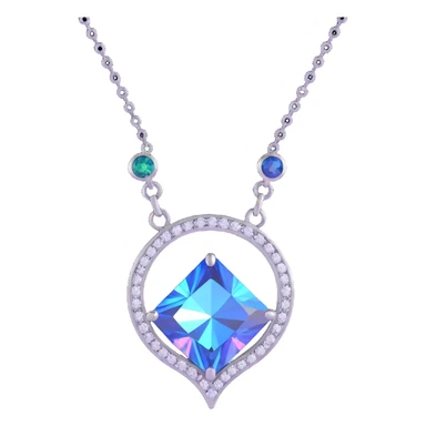 Y2K pendant with round cut holographic diamond, silver setting, blue sapphire accent, visible chain, iridescent and neon details, playful Y2K shapes sticker