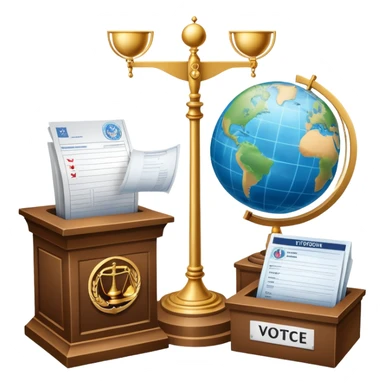 An icon featuring a podium with a speaker, a ballot box with a voting slip, and a globe, symbolizing political science. The design includes scales of justice and a world map in the background, representing governance and global politics. Transparent background highlights political analysis. sticker