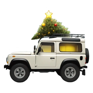 Side picture Off white old defender jeep with Christmas tree on the roof with Christmas lights, very small yellow lights  sticker