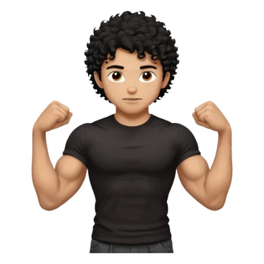 muscular teen boy with veiny hands arms and biceps. has messy black curly hair with dark-tan skintone with black tshirt sticker