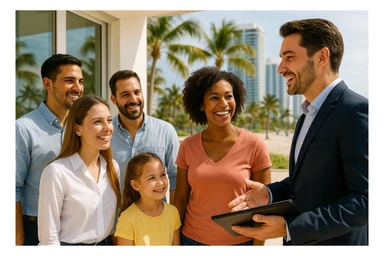 Foto hiper realista que refleje a nuestro cliente ideal de real estate: Profesionales y familias en transición Que desean mudarse a Miami o adquirir una segunda residencia, guiados por un equipo que habla su idioma —literal y figurativamente. sticker