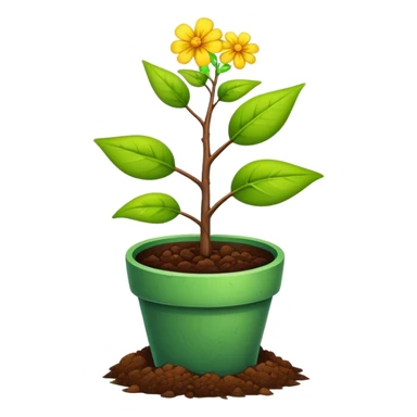 Close-up of a potted sapling with vibrant flowering plants around it, in rich soil. Sunlight filters through the window, casting soft shadows. Cozy indoor garden with blooming flowers, succulents, and gardening tools placed neatly on a wooden table. sticker