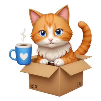 anime character cat that is orange cat, that its body is inside of a brown box. cats eyes are blue , but head is howing up. coffee cup is white sticker