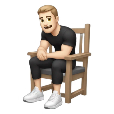 Pale skinned Fit Man With the biceps and dark brown hair in black shirt, gray sports shorts and white Sneakers Sitting on a chair sticker