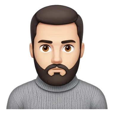 Man with square face, trimmed full beard, thick eyebrows, short dark hair combed back. Serious-neutral expression. Light gray thick knit sweater with folded collar. sticker