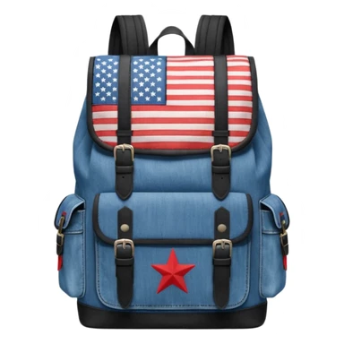 a blue denim backpack with a flap top, two vertical black buckle straps on the front. The backpack has two side pockets and a soft square shape. at front view bottom pocket, red and with two divided logo like simple american flag

 sticker