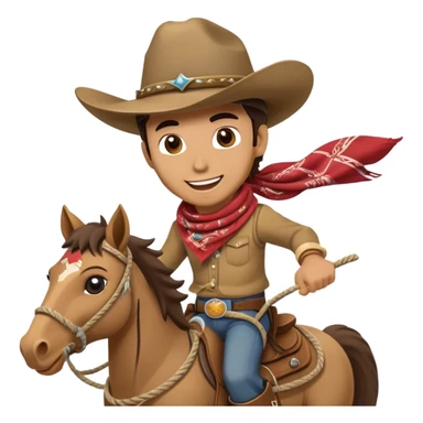 clash-of-clans-aesthetic_-cinematic-playful-cowboy-portrait-emoji, head-tilted with a roguish, cheeky grin and twinkling eyes, featuring a rugged, spirited build with a wide-brimmed cowboy hat and a rugged bandana, tan skin-tone, riding a galloping horse with reins in one hand and a lasso in the other, dust trailing behind. sticker