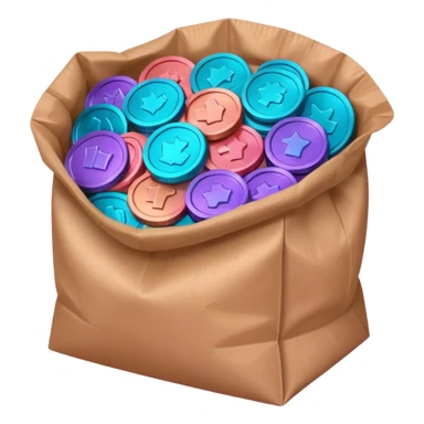 coins in gradient of turquoise, blue, pink, purple, and coral color inside a brown bag sticker