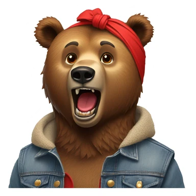 grizzly bear wearing sleeveless jean jacket and red headband with open mouth sticker