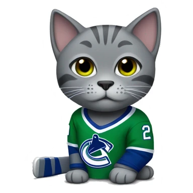 Grey cat wearing a canucks hockey jersey sticker