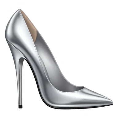 A pair of high heel shoes emoji made of polished silver chrome, elegant sharp silhouette, smooth metallic surface, glossy reflections, luxury sexy vibe, minimalistic iOS emoji style, centered, clean white background sticker