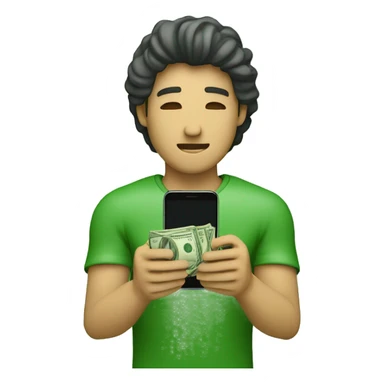 a man that in this right hand holds money and its other hand holds a phone and he is holding his hands up like praying and at top of his head is an texture of an app and the money color green sticker