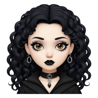 pale skin, goth bratz baddie, beautiful brown eyes, gothic black makeup, long black curly hair, black gothic hair styled, black goth clothes sticker
