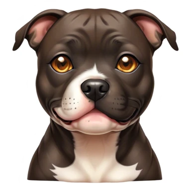Cinematic Cute Black/Brindle Staffordshire Bull Terrier Portrait Emoji, Head tilted playfully and inquisitively, featuring a glossy Fur with a dynamic mix of black and brindle, round, sparkling dark eyes filled with curiosity, Simplified yet irresistibly adorable features, highly detailed, glowing with a warm, friendly glow, high shine, affectionate and spirited, stylized with a touch of whimsy, bright and endearing, soft glowing outline, capturing the essence of a mischievous yet loving pup, so playful it feels like it could bound out of the screen and into your arms! sticker