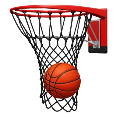 Red and black basketball halfway through net, freeze frame moment, iOS emoji style sticker