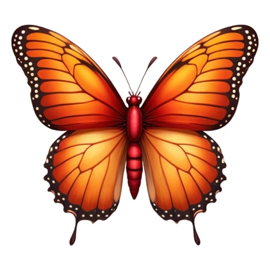 Cinematic Realistic Noble monarch Butterfly Portrait Emoji, Poised and elegant, with delicate, translucent wings rendered in rich ruby and scarlet hues, a slender, graceful body with intricately detailed textures, and soft, reflective eyes, illuminated by natural light, high shine, intelligent and regal, styled with an air of refined natural splendor, focused and attentive, soft glowing outline, capturing the essence of a watchful and confident monarch butterfly that appears to emerge majestically from the screen! sticker