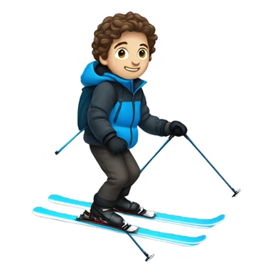 1 white Boy with wavy brown hair skiing with blue skis. He is wearing all black snow pants and a gray jacket   sticker