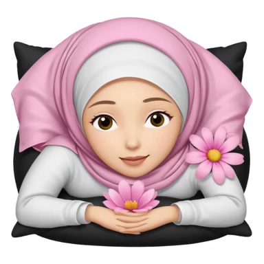 The image is a close-up selfie of a young woman wearing a white hijab. She is lying on her back with her head resting on a black pillow. She has a pink flower in her hair and is looking directly at the camera with a slight smile on her face sticker