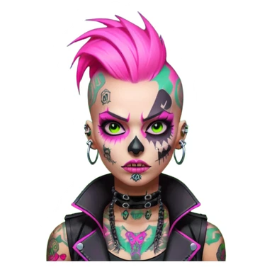 Cyberpunk female punk, pink mohawk, skull face tattoos, bionic neck, aggressive expression, neon green lighting sticker
