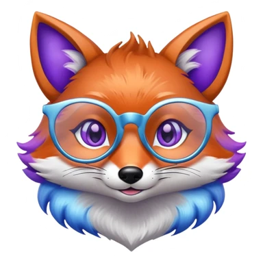 A whimsical fox with sparkling purple-blue fur, a glowing tail, a silver star on its forehead, and round glasses, with heart-shaped eyes, looking in love sticker