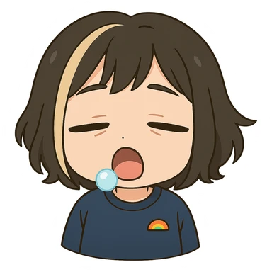 Make this exact chibi girl look sleepy in the same anime chibi style, keeping the same face, hair, and outfit. Remove the tears, add droopy eyelids, a small yawn or sleepy mouth, and a little snot bubble. Transparent background, sized for Twitch emoji use. sticker