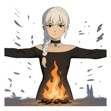  young woman with gold yellow eyes, white hair, long braid, black off-shoulder top, punk gothic style, futuristic cyberwave cyberpunk,, she is calmly t-posing , there is a small bonfire in front of her sticker