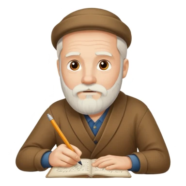caucasian man with white beard writing in the script sticker