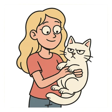 blonde girl holding a white cat, cartoon style sticker