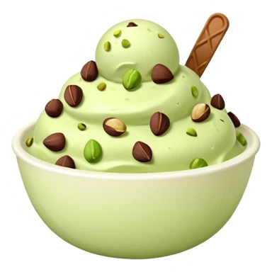 I want a emoji of pistachio ice cream with pistachio on top and some chocolate chips , make sure it’s in a bowl and aesthetic in a white bowl and make it look a little bit more green sticker
