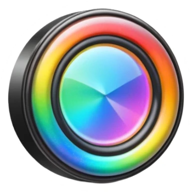 A speaker emoji 🔊 with a smooth CD-like surface that reflects rainbow iridescent colors, glowing RGB light ring around the edge, shiny plastic body, prismatic reflections shifting across the front, soft sparkles and light gleams, holographic sheen, clean simple shape, bright colorful highlights sticker