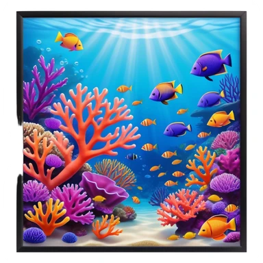 Cinematic Realistic Coral Reef Emoji in a wooden frame, Vibrant and alive, with colorful corals in hues of pink, purple, and orange, swaying gently with the underwater currents. Schools of tropical fish dart between the coral, with soft rays of sunlight piercing through the clear blue water above, creating a magical, serene underwater world. Soft glowing outline, capturing the essence of the bustling, colorful, and peaceful aquatic paradise. sticker