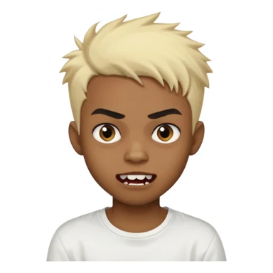 Black Male Teenager with Short punk messy blonde hair, Dark brown bushy eyebrows large expressive golden-brown eyes, wearing a plain white t-shirt, Dark Brown skin color. vampire tooth sticker