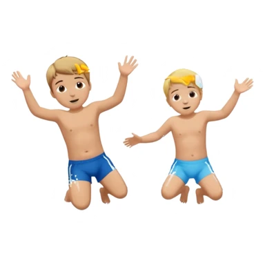 Two blond boys, the third boy with brown hair and a little baby girl with braun hair doing a belly flop in to a pool full of water. Show the pool sticker