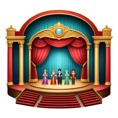 An icon depicting a grand theater stage with actors performing a play, illuminated by dramatic lighting. The audience sits in a beautiful hall, with colorful balconies and an engaged crowd. The design captures the magic of live theater. transparent background  sticker