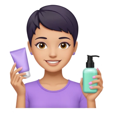 tan girl with pastel purple shirt with black hair & a pixie, doing her skin care sticker