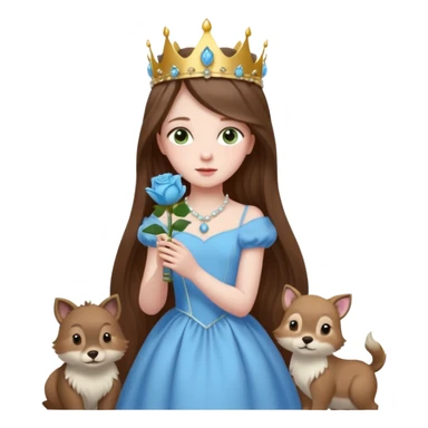 a 12 year old girl with shinny long brown hair and pretty green eyes with pale skin wearing a sky blue gown in a beautiful forest with adorable animals and stunning roses and lilacs surrounding her as she smells the only sky blue rose she is also wearing a crown that has pearls sticker