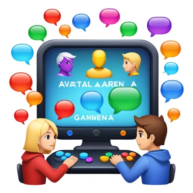 An icon representing multiplayer gaming, featuring a digital arena where diverse characters compete or cooperate. Avatars, chat bubbles, and team icons symbolize online interaction. A game HUD displays player stats, emphasizing teamwork and rivalry. Transparent background. sticker