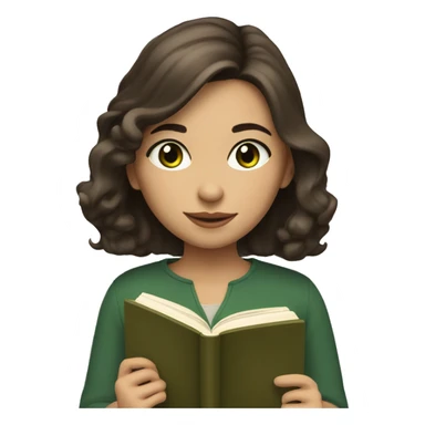 brunette chin length haired girl with beige skin tone and dark green eyes reading a book  sticker