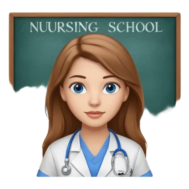 inside a classroom at university that says nursing school on the board with a pretty female nursing student with long brown hair, blue eyes sticker